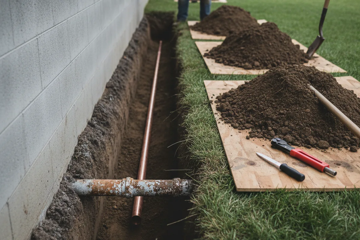 Excavated water line trench during Sewer Line Repair in Silverado